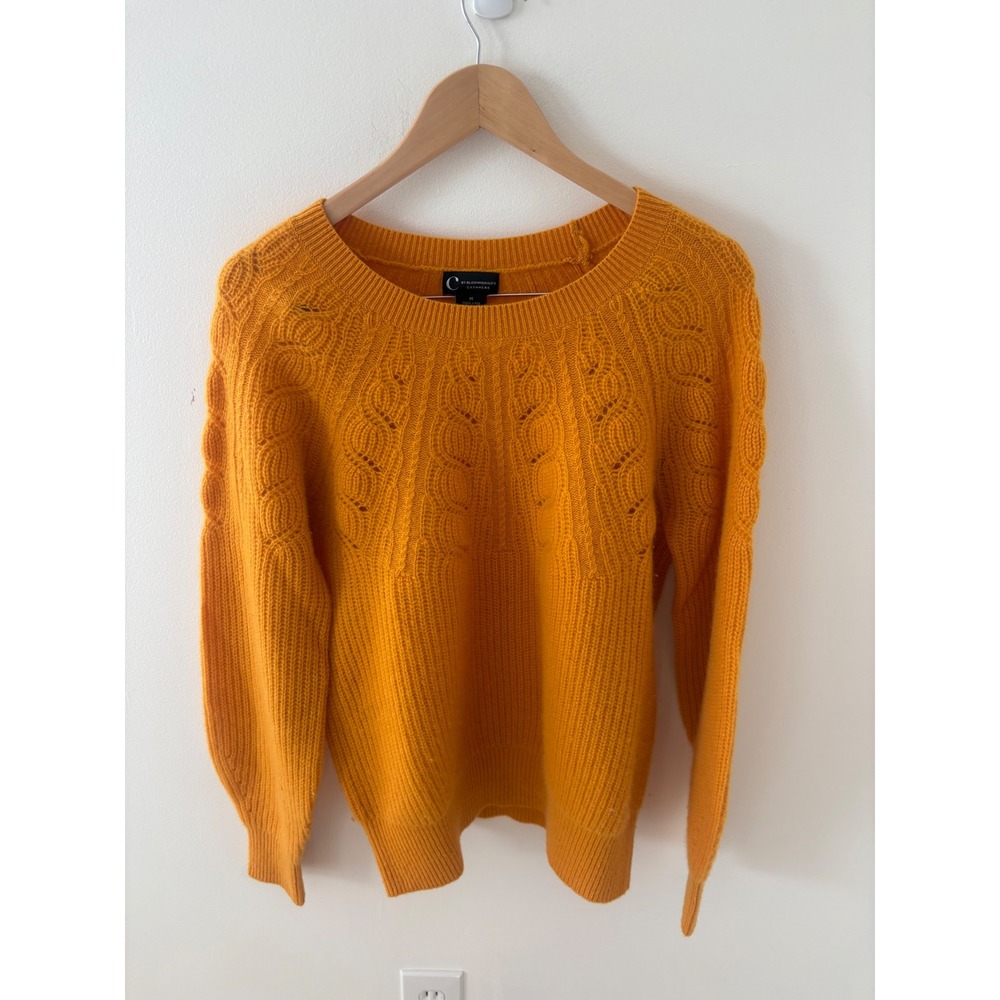 C by Bloomingdale's Cashmere Sweater Mustard Yellow Pointelle Eyelet Medium